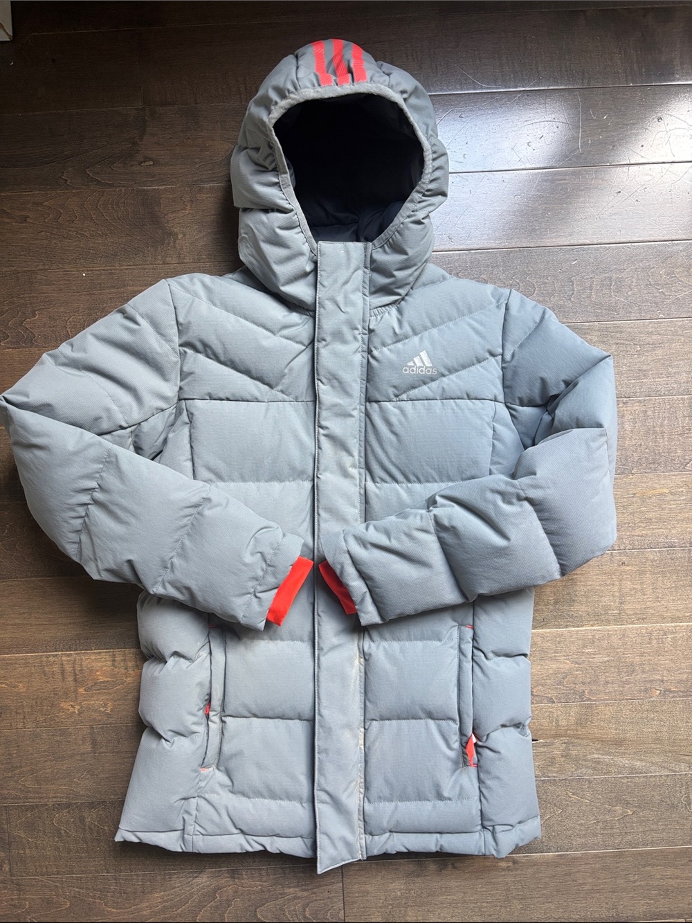 Adidas Boys Gray Puffer Jacket with Red Accents